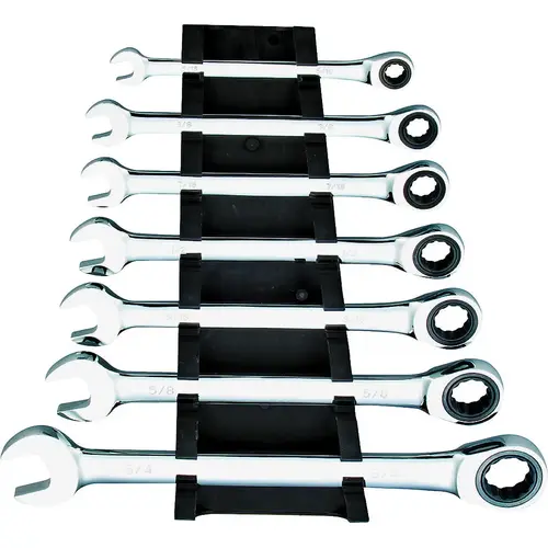 Wrench Set, 7-Piece, Chrome Vanadium Steel, Mirror Polish, Silver, Specifications: SAE Measurement