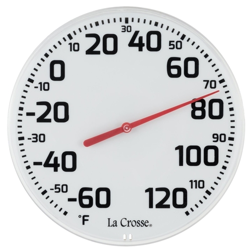 Round Thermometer, 8-1/2 in Display, Analog, -60 to 120 deg F, Plastic Casing, White Casing