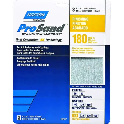 ProSand 07660768159 Sanding Sheet, 11 in L, 9 in W, Fine, 180 Grit, Aluminum Oxide Abrasive, Paper Backing Tan - pack of 3