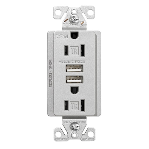 TR7755SG-K-L Combination USB Receptacle, 2 -Pole, 3.1 A USB, 15 A Receptacle, 2 -USB Port, Silver Granite