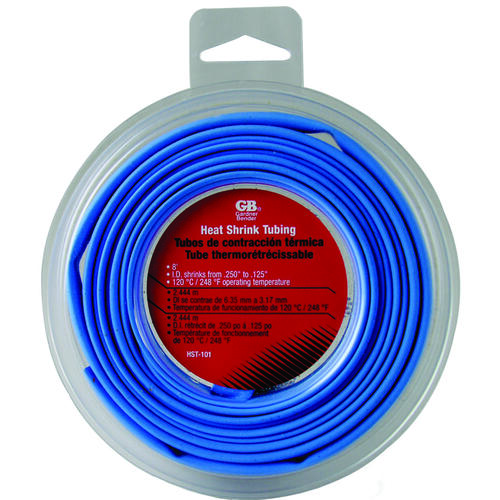 Heat Shrink Tubing, 1/4 in Pre-Shrink, 1/8 in Post-Shrink Dia, 8 ft L, PVC, Blue