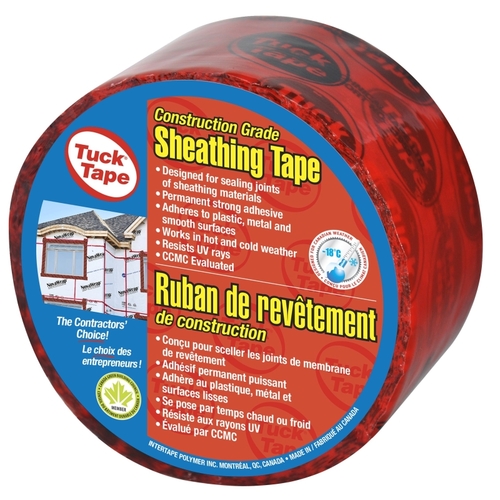 Contractors Sheathing Tape Roll, 55 m L, 60 mm W, 3 mil Thick, Polypropylene Backing, Red