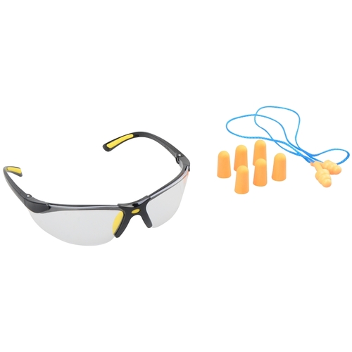 541839 Ear Plugs and Safety Glasses Combo, Unisex, 3.5 x 1.6 in Lens, PC Lens, Half Frame Frame, Black Frame