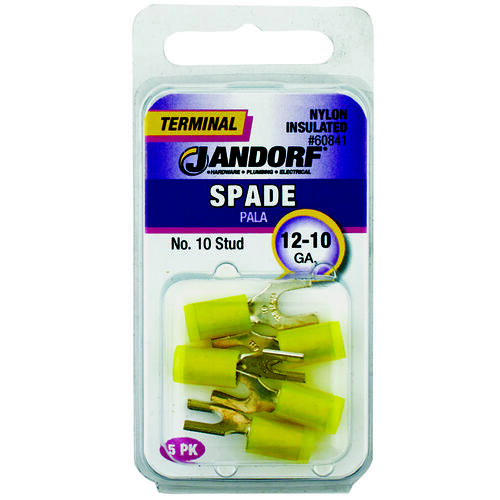 Jandorf 60841 Spade Terminal, 600 V, 12 to 10 AWG Wire, #10 Stud, Nylon Insulation, Copper Contact, Yellow - pack of 5