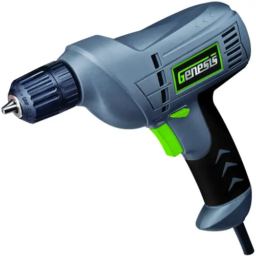 Electric Drill, 4.2 A, 3/8 in Chuck, Keyless Chuck Gray/Green