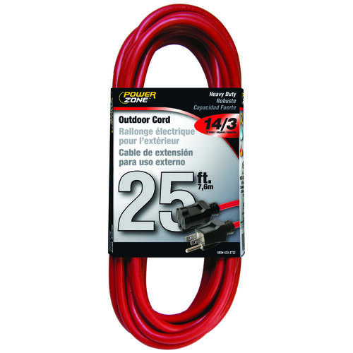 Extension Cord, 14 AWG Cable, 25 ft L, 13 A, 125 V, Red