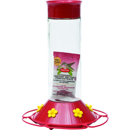 Bird Feeder, 30 oz, 6-Port/Perch, Glass/Plastic, Bright Red/Yellow, 8.3 in H