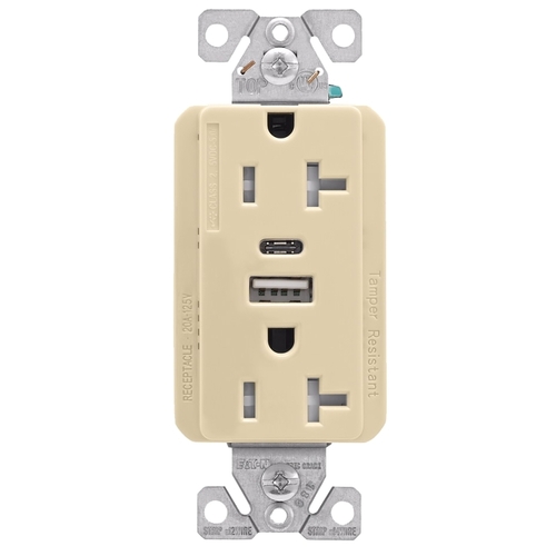 TRUSBAC20 TRUSBAC20V-K-L Receptacle, 2 -Pole, 5 A, 125 VAC, 2 -USB Port, Type A, C USB, Ivory