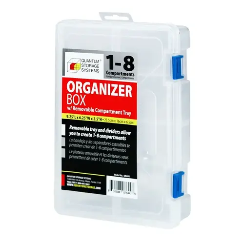 QUANTUM STORAGE SYSTEMS QB600 Utility Box, 9-1/4 in L, 6-1/4 in W, 2-3/16 in H, 1 to 8-Compartment, Polypropylene Clear
