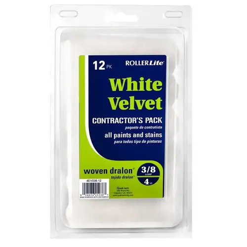 RollerLite 4EWV038-12 White Velvet Mini Roller Cover, 3/8 in Thick Nap, 4 in L, Dralon Fabric Cover, White - pack of 12