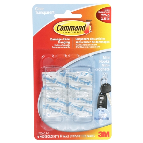 Command 17006CLR-C Mini Hook, 0.5 lb, 6-Hook, Clear