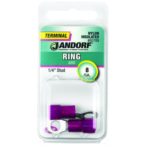 Jandorf 60789 Ring Terminal, 8 AWG Wire, 1/4 in Stud, Nylon Insulation