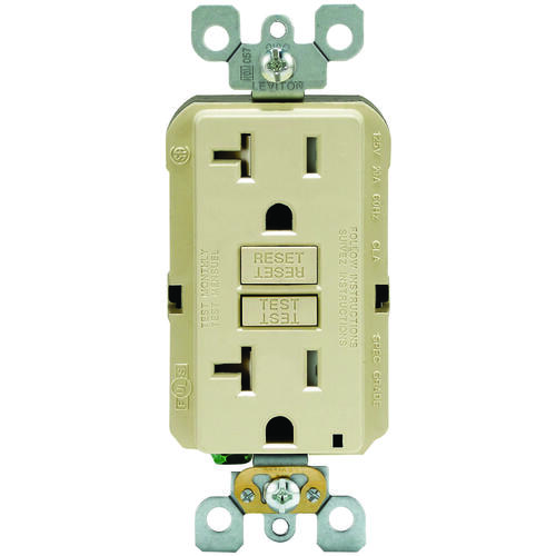 GFCI Duplex Receptacle, 2 -Pole, 20 A, 125 V, Back, Side Wiring, NEMA: 5-20R, Ivory