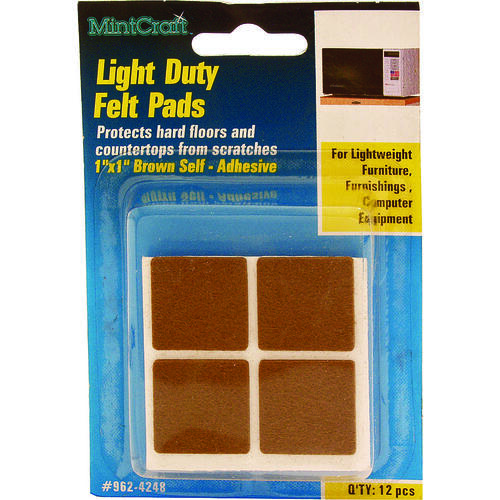 Furniture Pad, Felt Cloth, Brown, 1 x 1 in Dia, 1 in W, 5/64 in Thick, Square - pack of 12