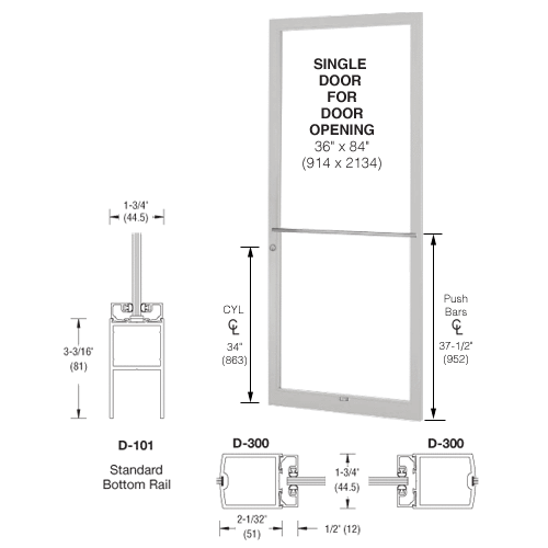 CRL-U.S. Aluminum DC21752L036 White KYNAR Paint 250 Series Narrow Stile (RHR) HRSO Single 3'0 x 7'0 Center Hung for OHCC w/Standard Push Bars Complete Door Std. MS Lock & Bottom Rail