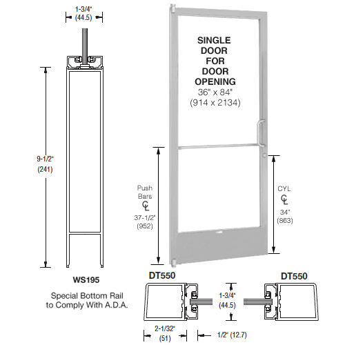 CRL-U.S. Aluminum CD21211R036 Clear Anodized 250 Series Narrow Stile (LHR) HLSO Single 3'0 x 7'0 Offset Hung with Pivots for Surface Mount Closer Complete ADA Door, Lock Indicator, Cylinder Guard - for 1/4" Glazing