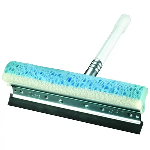 Window Squeegee with Handle, 10 in W Blade, Rubber Blade, Flat Blade, 15 in OAL, Blue/White