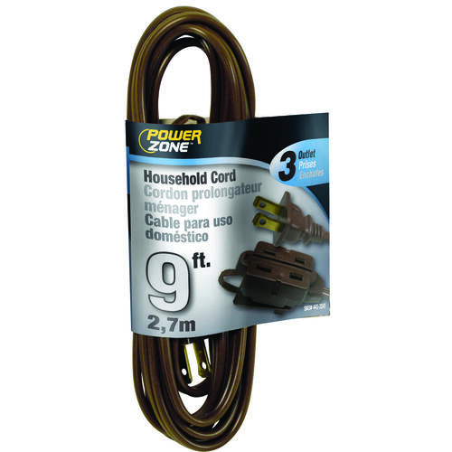 Extension Cord, 16 AWG Cable, 9 ft L, 13 A, 125 V, Brown