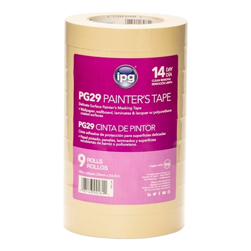IPG PG29..22R Masking Tape, 60 yd L, 0.94 in W, Paper Backing, Beige - pack of 9