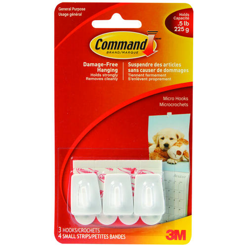 Command 17066C Micro Hook, 0.5 lb, 3-Hook, Plastic, White