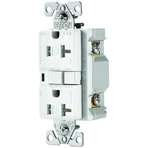 AFCI Receptacle, 2 -Pole, 20 A, 125 V, Back, Side Wiring, NEMA: 5-20R, White