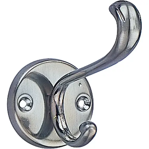 Coat and Hat Hook, 33 lb, 2-Hook, 1 in Opening, Zinc, Satin Nickel Silver