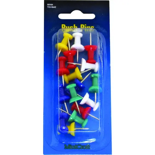 Push Pin, 23 mm L, Plastic, Assorted Colors, Round Head - pack of 16