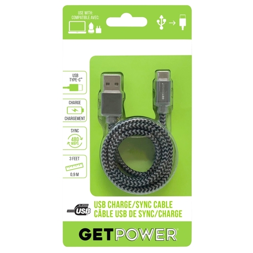GetPower GP-USB-BRC Charge and Sync Cable, USB 2.0 A, USB-C, 3 ft L