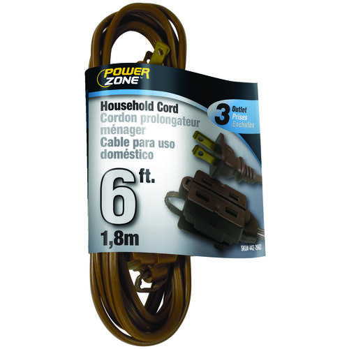 Extension Cord, 16 AWG Cable, 6 ft L, 13 A, 125 V, Brown