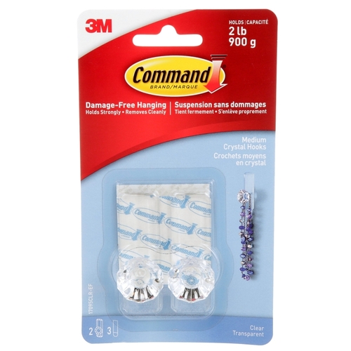 Command 17095CLR-EF-XCP24 Crystal Hook, 2 lb, 2-Hook, Plastic, Clear - pack of 24