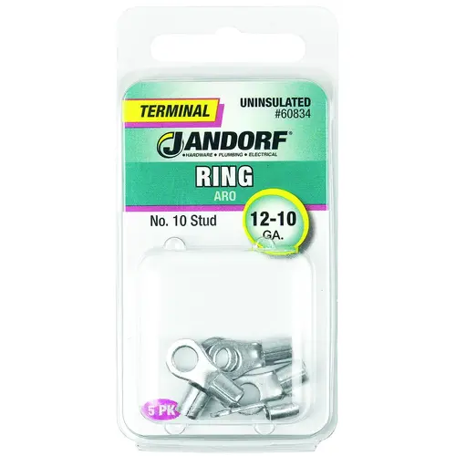 Ring Terminal, 12 to 10 AWG Wire, #10 Stud, Copper Contact - pack of 5