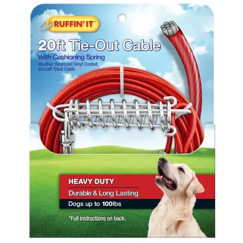 29220 Cable Tie-Out with Cushioning Spring, Heavy-Duty, Swivel Snap End, 20 ft L Belt/Cable, Steel, Red