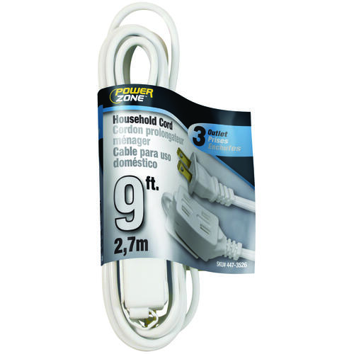 Extension Cord, 16 AWG Cable, 9 ft L, 13 A, 125 V, White