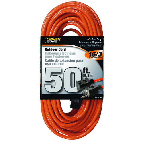 PowerZone OR501630 Extension Cord, 16 AWG Cable, 5-15P Grounded Plug, 5-15R Grounded Receptacle, 50 ft L, 13 A, 125 V