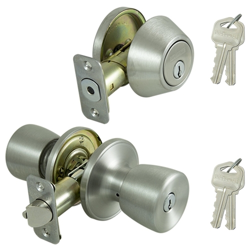 Deadbolt and Entry Lockset, 3 Grade, Tulip Handle, Keyed Alike Key, Stainless Steel, KW1 K2 Keyway - pack of 2