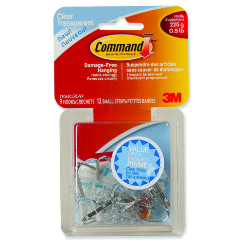 Command 17067C-VP-XCP12 Wire Hook, 0.5 lb, 9-Hook, Plastic, Clear - pack of 12
