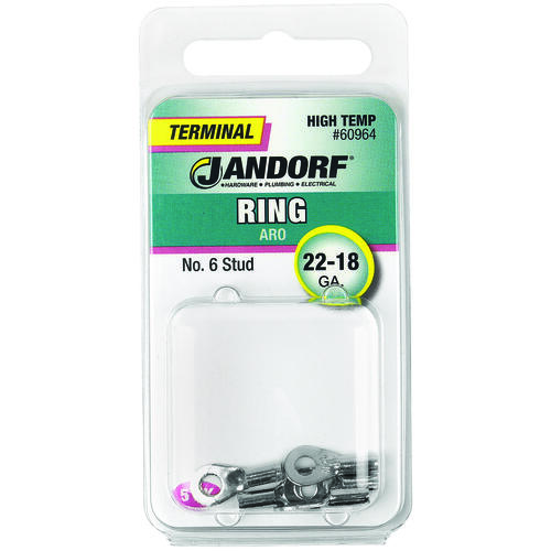 Ring Terminal, 22 to 18 AWG Wire, #6 Stud, Copper Contact