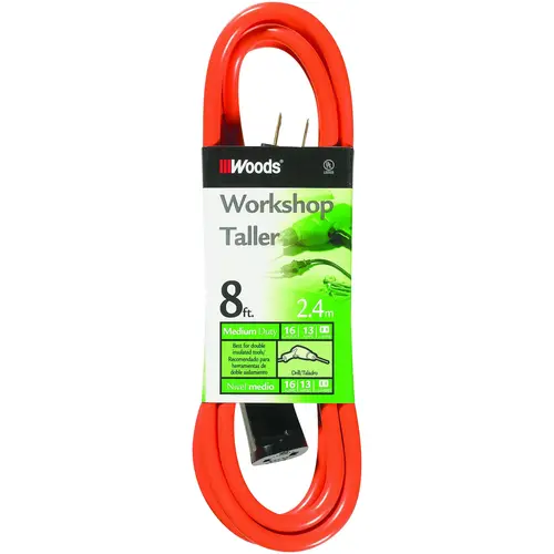 Woods 0720 Extension Cord, 16 AWG Cable, 8 ft L, 13 A, 125 V, Orange