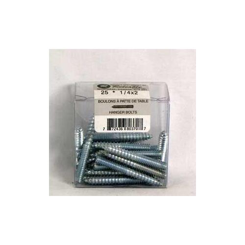 Hanger Bolt, 1/4-20 Thread, 3 in L, UNC Thread, Regular Point, Steel, Zinc, 25 BX