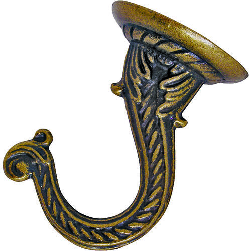 Ceiling Hook, 2.5 in L, Zinc Alloy, Antique Brass, Wall Mount Mounting