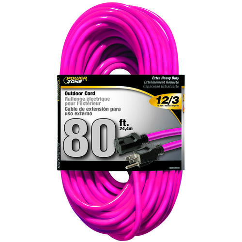 Extension Cord, 12 AWG Cable, 80 ft L, 15 A, 125 V, Neon Pink