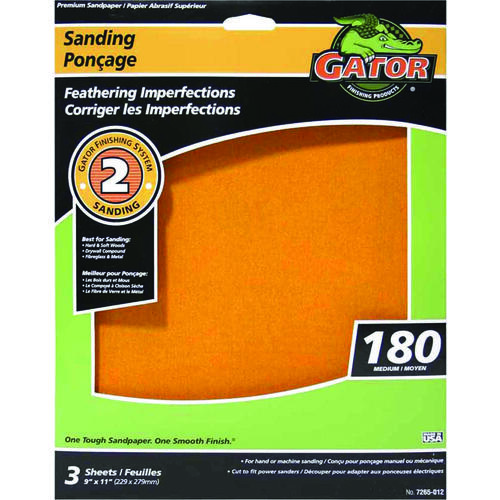 GATOR 7265-012 Sanding Sheet, 11 in L, 9 in W, 180 Grit, Aluminum Oxide Abrasive - pack of 3