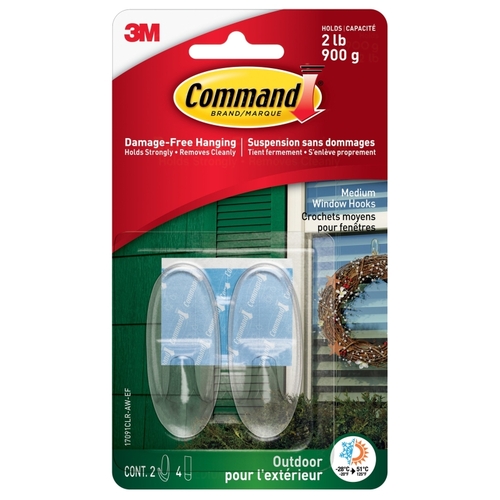 Command 17093CLR-AWC Window Hook, 4 lb, 1-Hook, Plastic, Clear