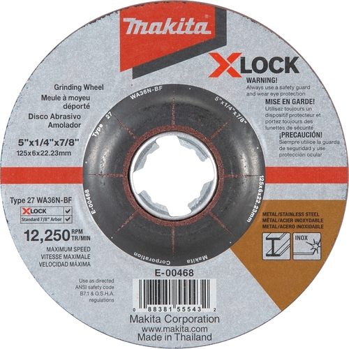 Makita E-00468 X-LOCK Grinding Wheel, 5 in Dia, 1/4 in Thick, 7/8 in Arbor, 36 Grit, Coarse