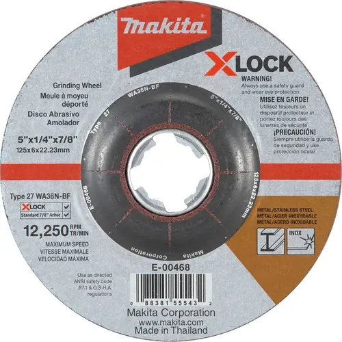 X-LOCK Grinding Wheel, 5 in Dia, 1/4 in Thick, 7/8 in Arbor, 36 Grit, Coarse Gray/White