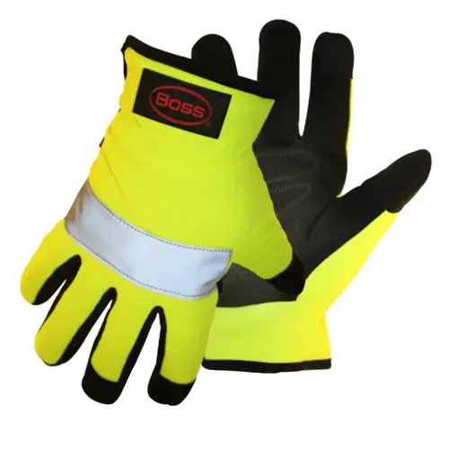 High-Visibility, Reflective Mechanic Gloves, L, Open Cuff, Synthetic Leather Pair