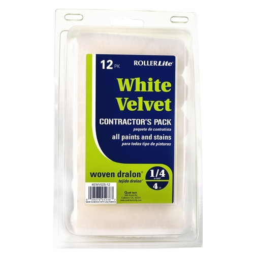 White Velvet Mini Roller Cover, 1/4 in Thick Nap, 4 in L, Dralon Fabric Cover, White - pack of 12
