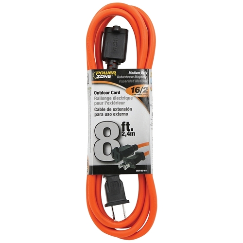 Outdoor Extension Cord, 16 AWG Wire, 8 ft L, Orange Sheath