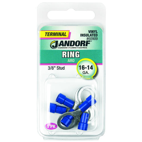 Jandorf 60909 Ring Terminal, 16 to 14 AWG Wire, 3/8 in Stud, Vinyl Insulation, Copper Contact, Blue