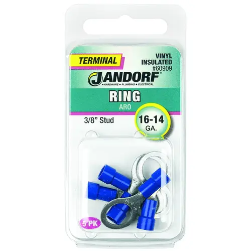 Ring Terminal, 16 to 14 AWG Wire, 3/8 in Stud, Vinyl Insulation, Copper Contact, Blue